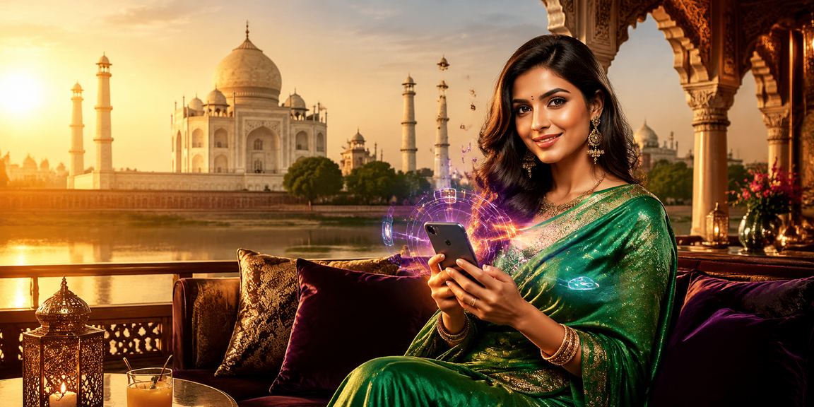 Female player using smartphone to deposit funds online near Taj Mahal in Agra