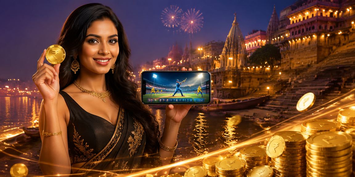 Young Indian player checking promotions on mobile near Varanasi ghats during cricket match